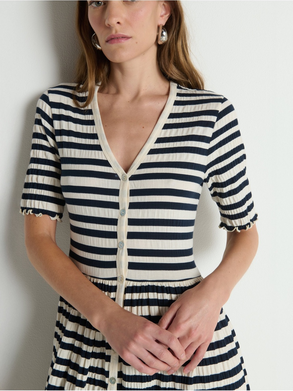Nation Striped V-Neck Button-Front Midi Dress in Navy and Cream - Picture 2 of 6